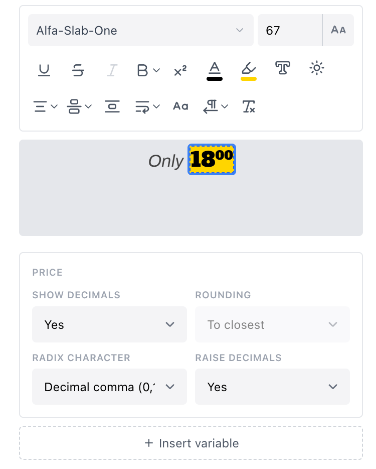 Number formatting options on a variable chip