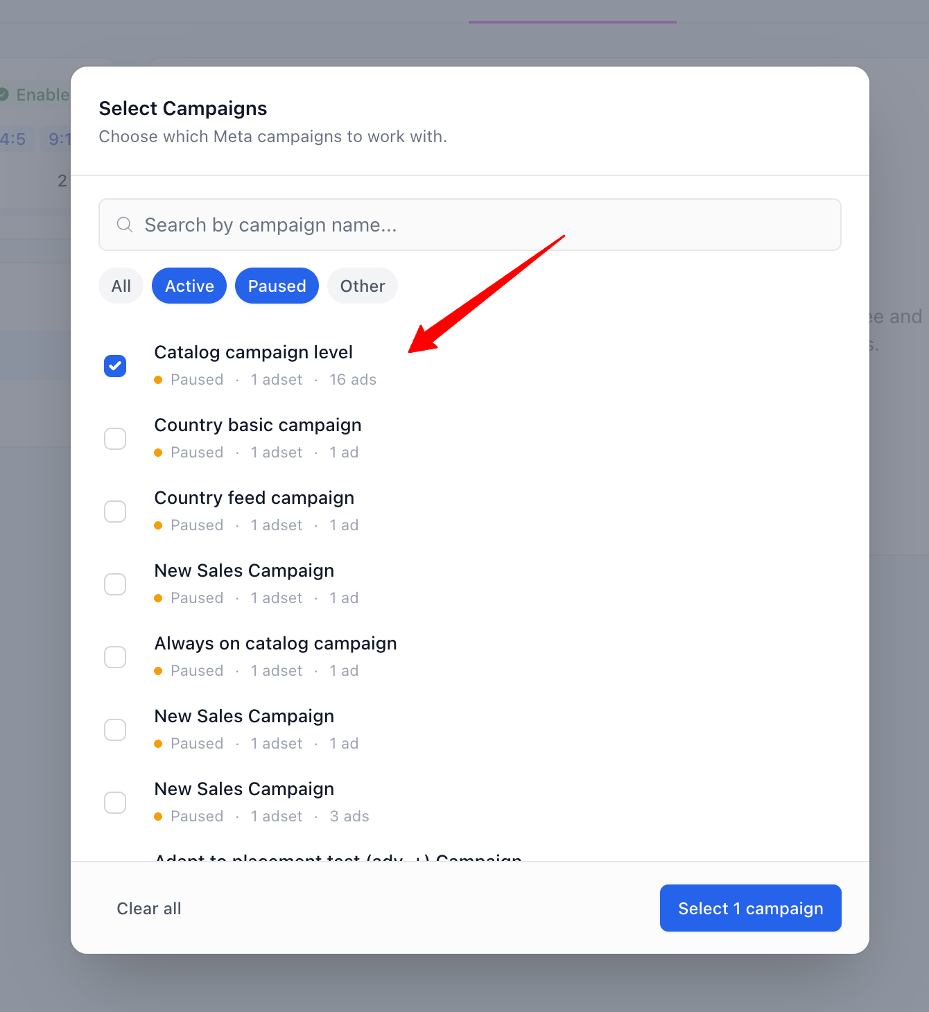 Select Meta Campaigns modal