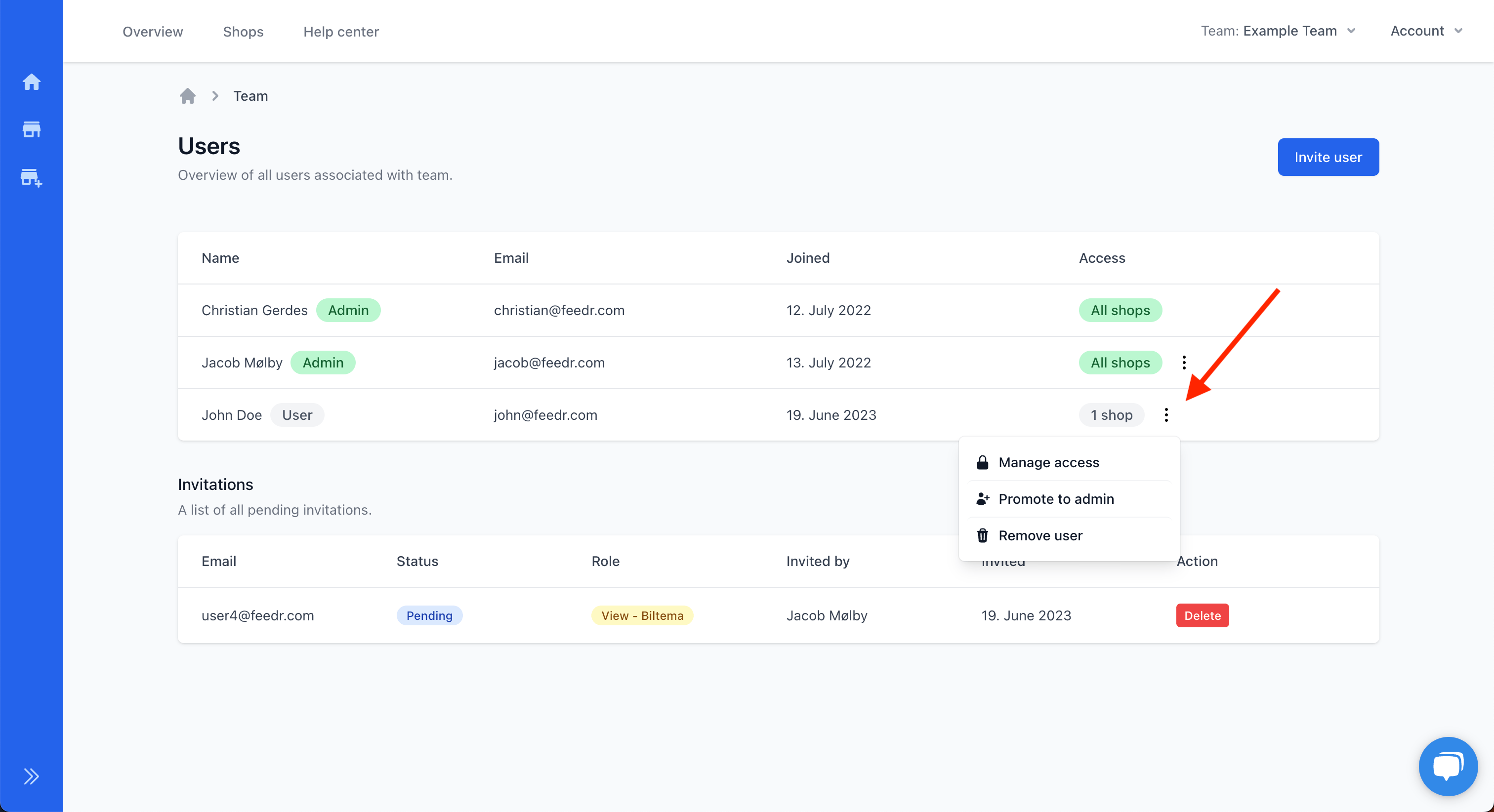 Users screen
